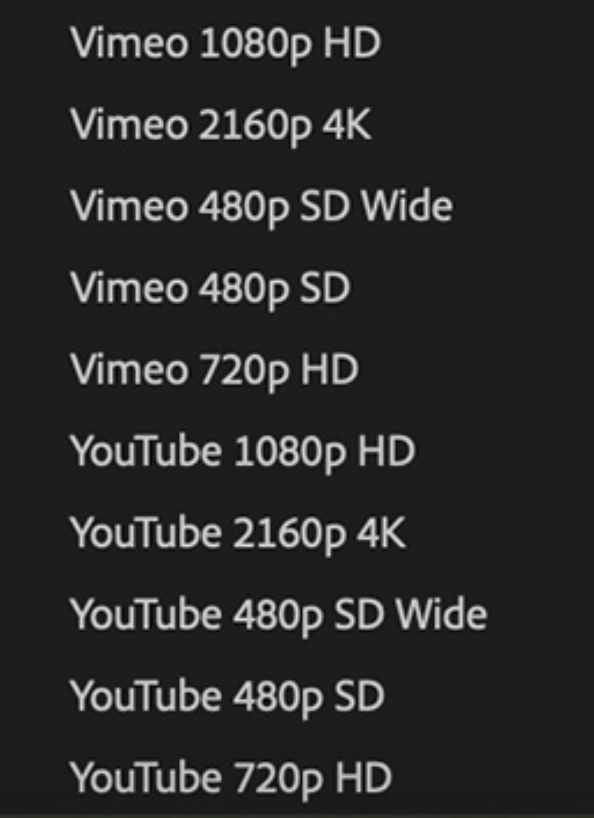 How to Export Video From Premiere Pro: pre-formatted selections