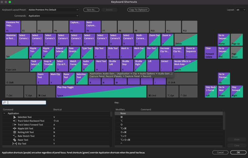 Keyboard Shortcuts Panel
