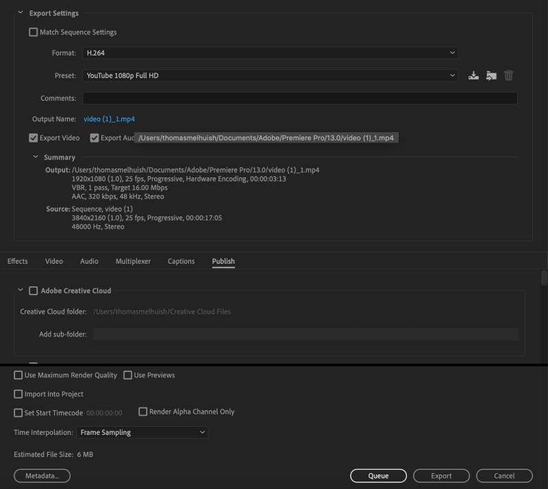 Export settings in Premiere Pro CC for YouTube: Export Menu