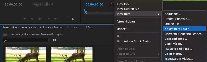 How to Add Adjustment Layer in Premiere Pro: New Item > Adjustment Layer