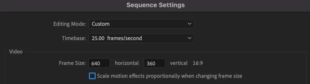Then set the dimensions of your clip in Premiere Pro. Generally, GIF’s are set to 640 x 360, but you can experiment if you like. 