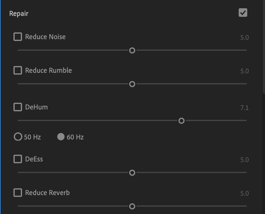 Repair tab to remove background noise Premiere Pro