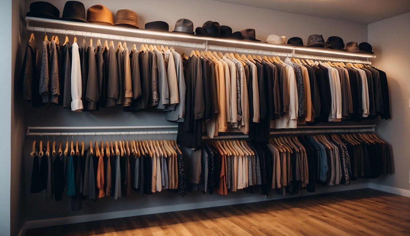 A closet filled with various clothing options, including dresses, suits, and casual wear. Bright lighting illuminates the space, showcasing the array of choices available for the audition
