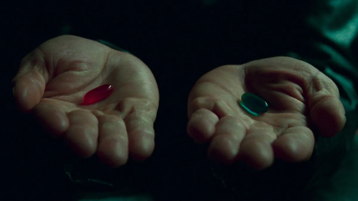 Intertextuality examples in movies: Morpheus's open hands hold the red pill and the blue pill in The Matrix