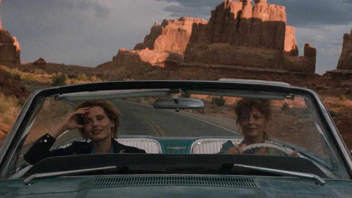 Thelma and Louise driving the Thunderbird through the desert in Thelma & Louise