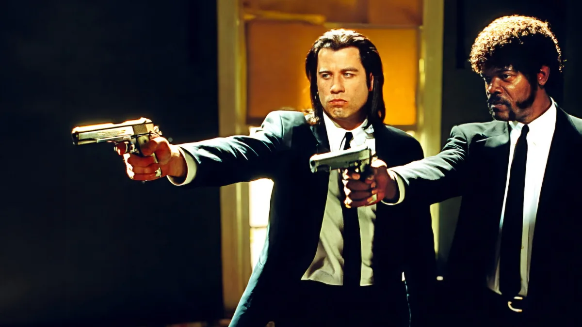 movie poster template | pulp fiction 1994 jules and vincent foil characters Vincent Vega and Jules Winnfield aim their guns side by side in Pulp Fiction (1994), a classic foil character pairing