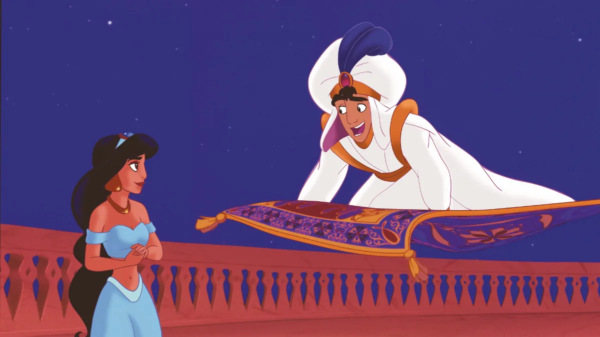 Aladdin, disguised as Prince Ali, offers Jasmine a magic carpet ride from her balcony in Aladdin (1992)