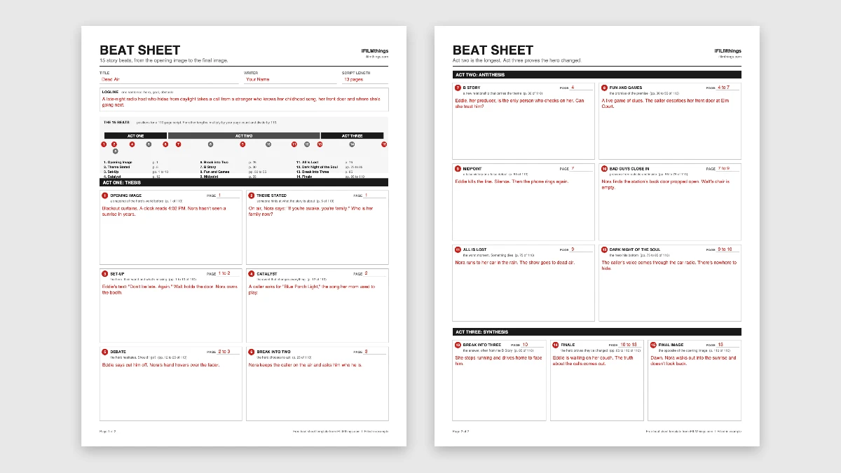 A filled-in beat sheet for the short film Dead Air with all 15 beats