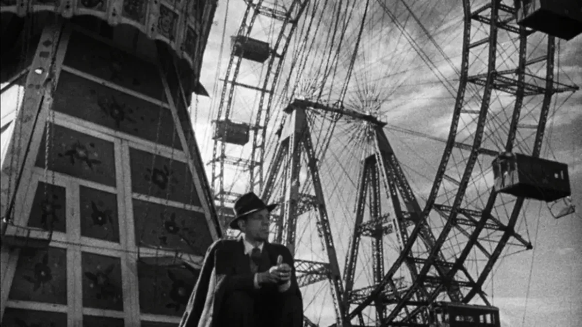 The Prater Ferris wheel in Vienna, framed on a tilt, in The Third Man
