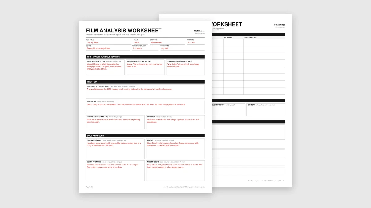 movie poster template | film analysis worksheet featured A free film analysis worksheet with a filled-in example for The Big Short