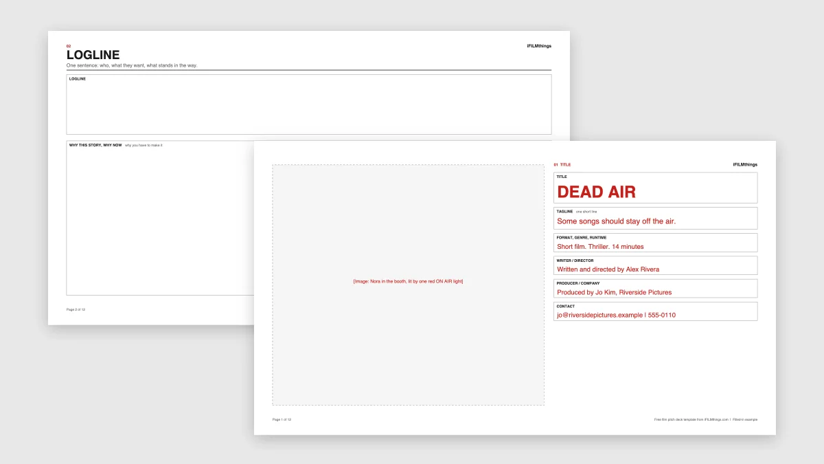 movie poster template | film pitch deck template featured Blank and filled-in slides from a free film pitch deck template