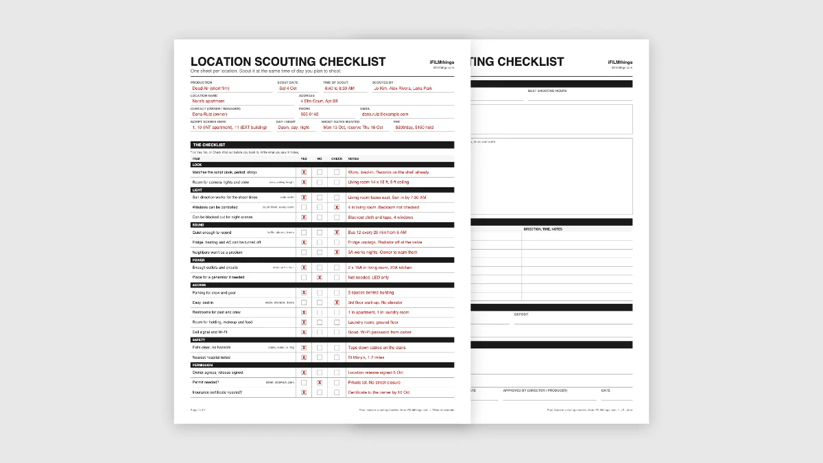 movie poster template | location scouting checklist featured Free location scouting checklist template from iFILMthings, blank and filled-in pages