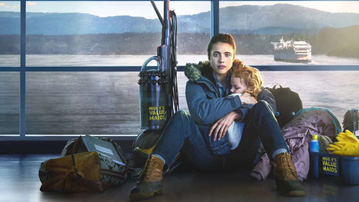 Margaret Qualley holds her daughter at a ferry terminal in Maid, one of the best-known movies filmed in Victoria BC