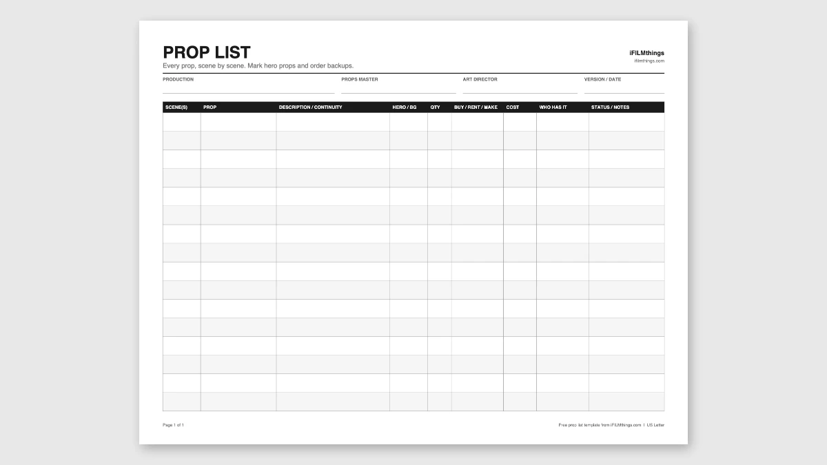 A blank prop list template with columns for scene, prop, description, hero or background, quantity, source, cost and status