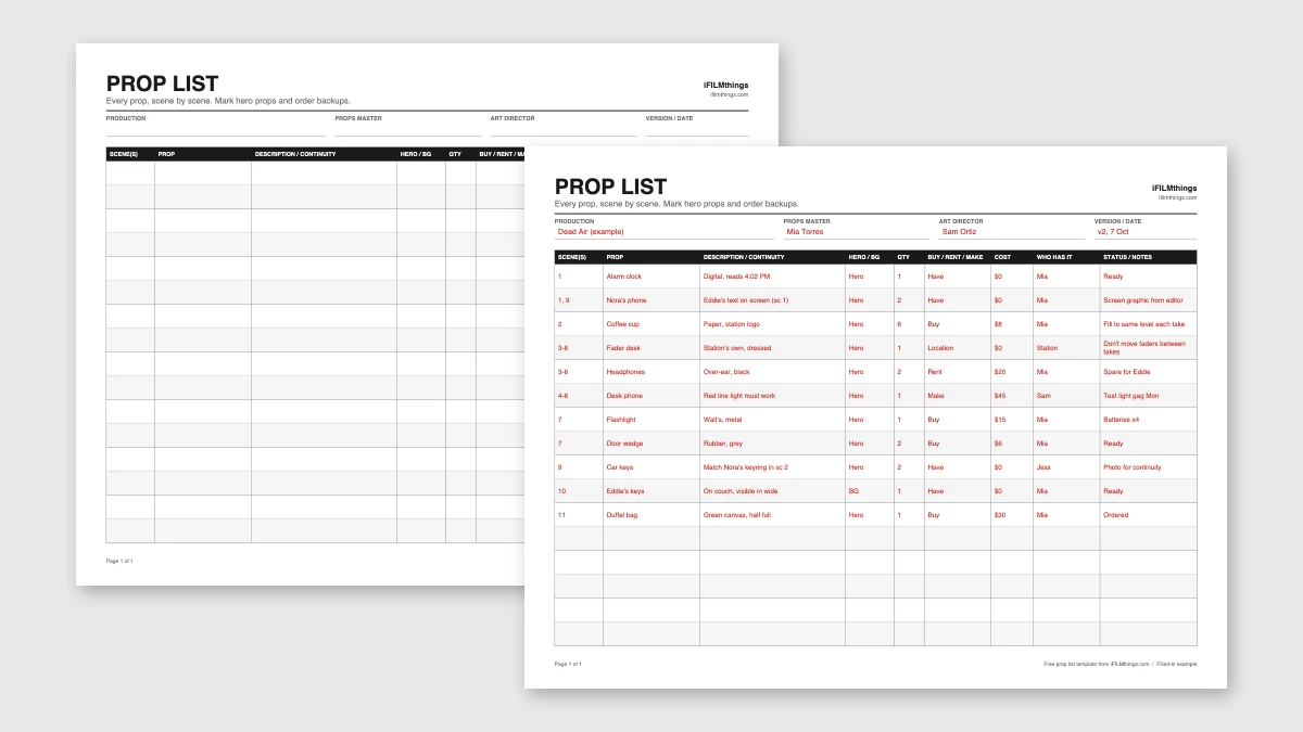 A blank and a filled-in prop list template from iFILMthings