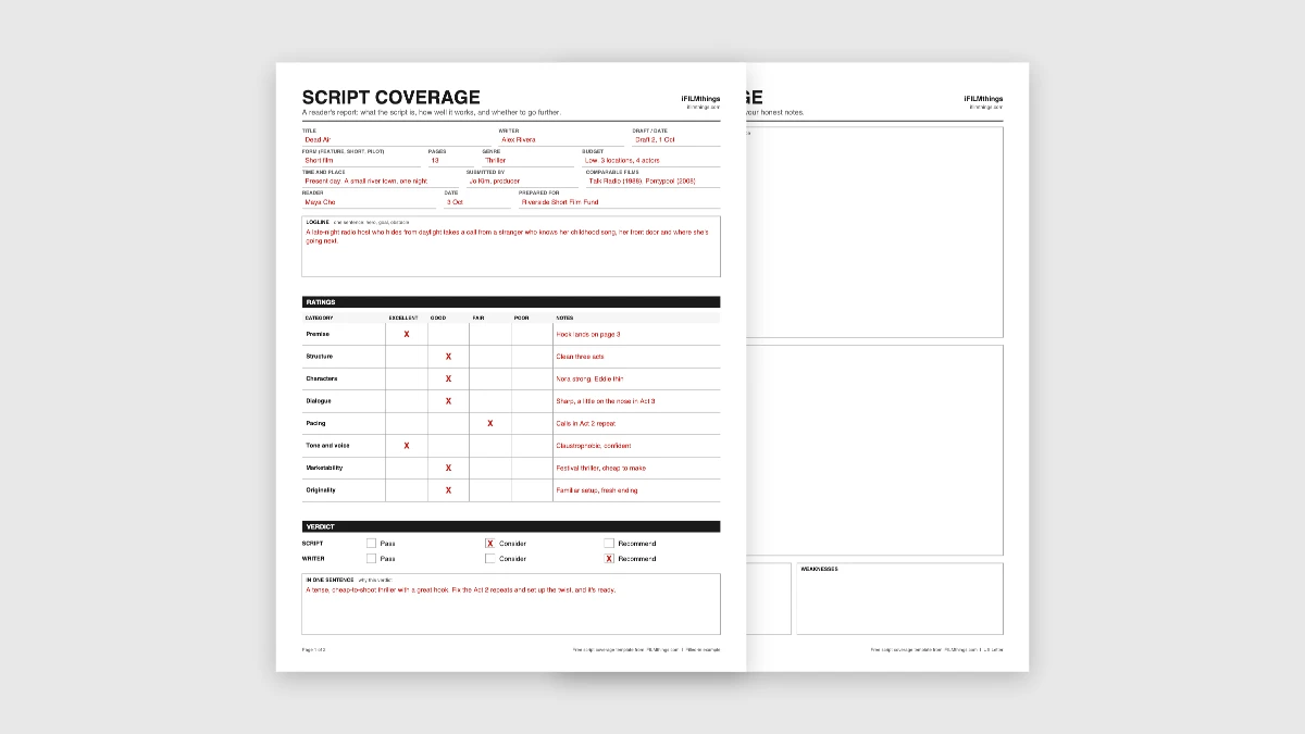 movie poster template | script coverage template A free script coverage template filled in for Dead Air, with the blank second page behind it